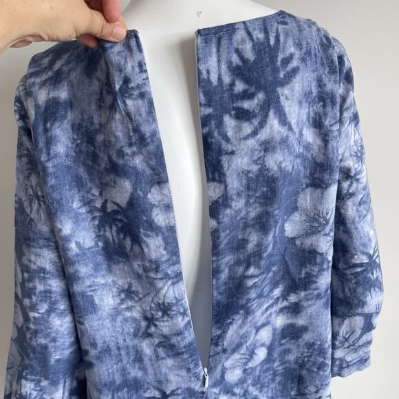 J Jill 3/4 Sleeves 100% Linen Shift Dress 10 Blue Hawaiian Tropical Palm Floral - Picture 8 of 15